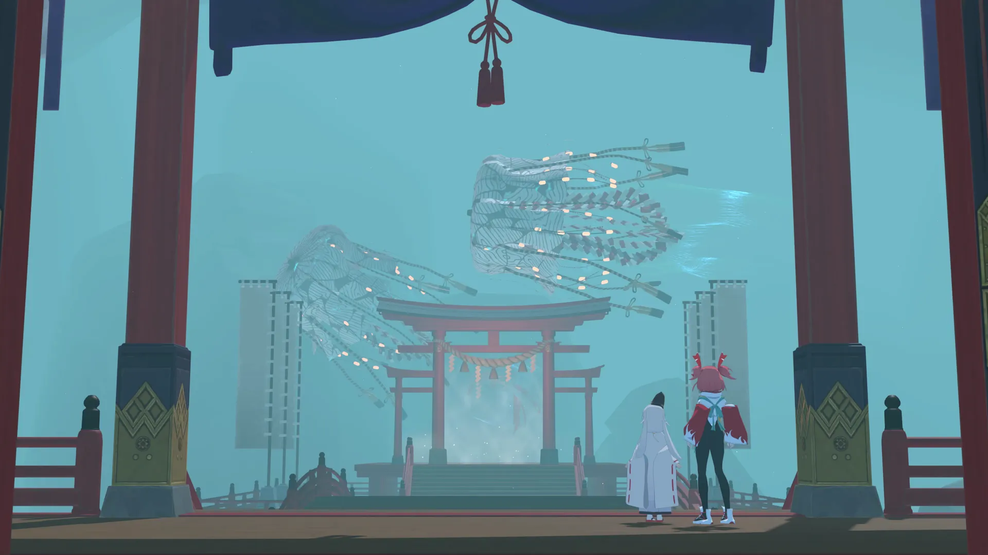 Homura and Ann standing before a torii gate as skeletal winged creatures circle overhead