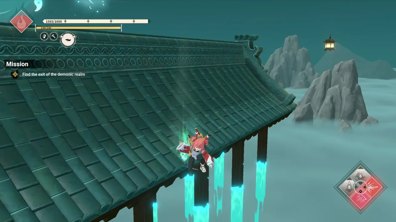 Homura sitting at a parkour point during one of the game's platforming segments.