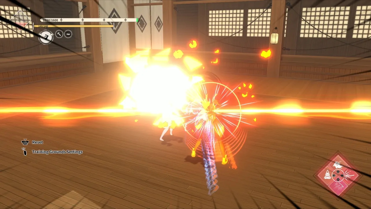 Homura mid-parry, a burst of fire and light erupts on impact in the training grounds